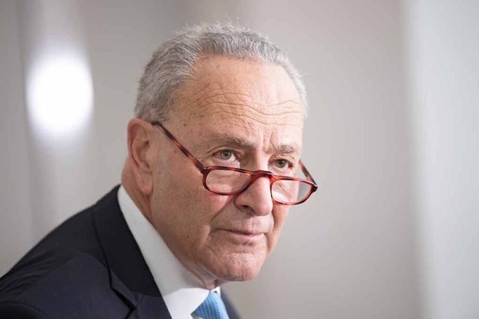 Man in suit wearing red glasses, looking serious.