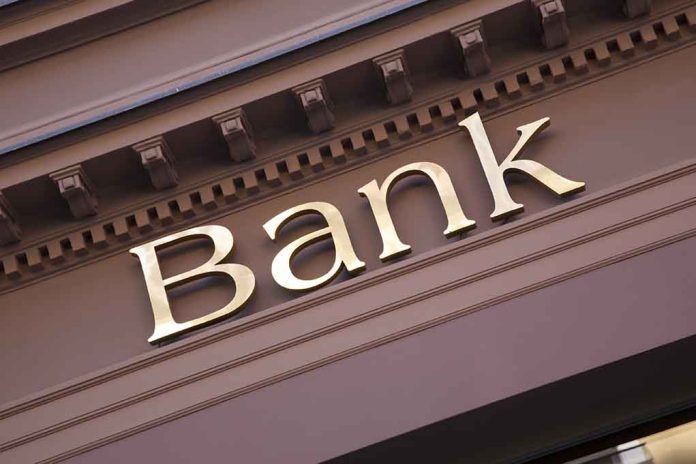 "Bank sign on building facade."