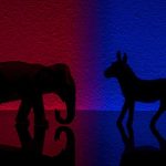 Elephant and donkey silhouettes on red and blue backgrounds.