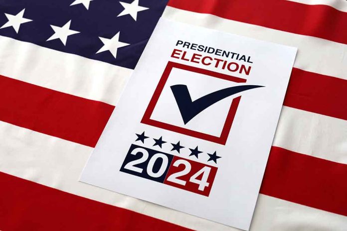 Presidential election 2024 sign on American flag.