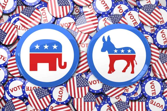 Republican elephant and Democratic donkey buttons, surrounded by flags.