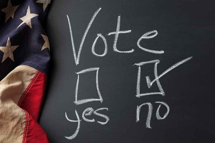 Chalkboard vote choice, "no" checked, American flag visible.