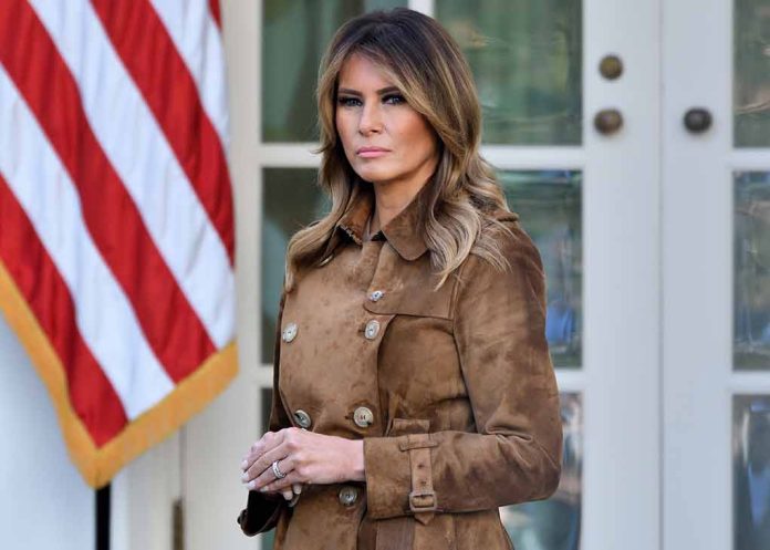 Woman in brown coat with American flag background.