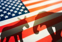 Donkey and elephant shadows on American flag.