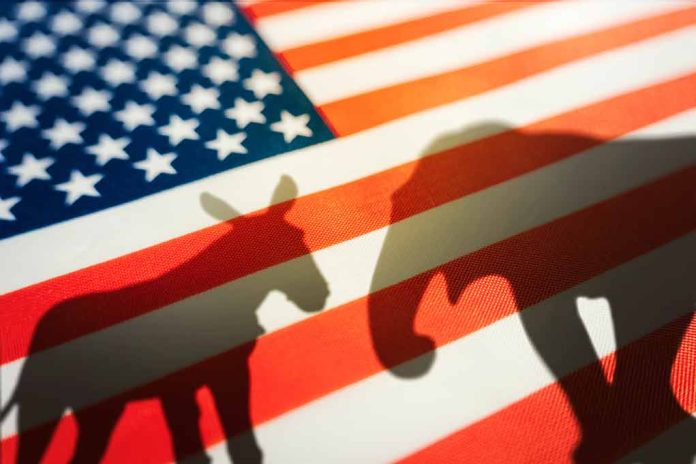 Donkey and elephant shadows on American flag.