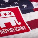 Republican symbol on American flag background.