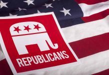 Republican symbol on American flag background.