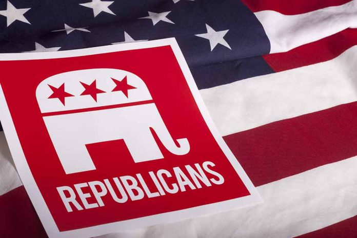 Republican symbol on American flag background.