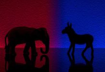 Elephant and donkey silhouettes on red and blue backgrounds.