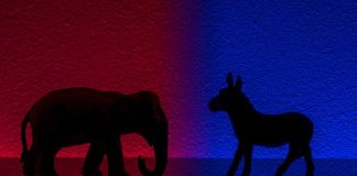 Elephant and donkey silhouettes on red and blue backgrounds.