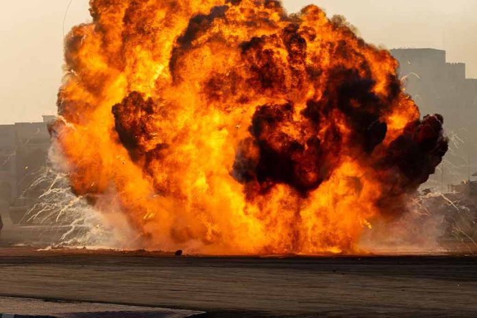 Large explosion with fireball in urban setting.