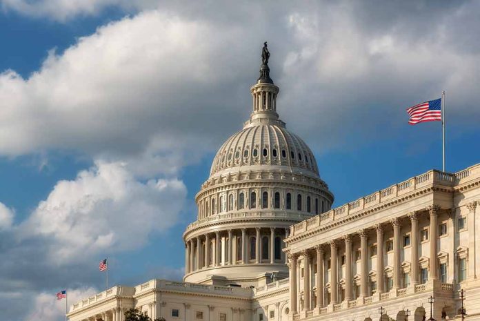 US Capitol Building with American flags and clouds