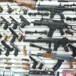 Wall display of various firearms in a store.