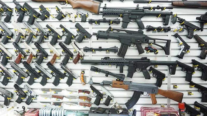 Wall display of various firearms in a store.