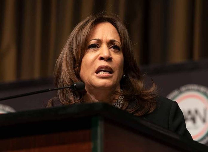 Woman speaking at podium with intense expression.