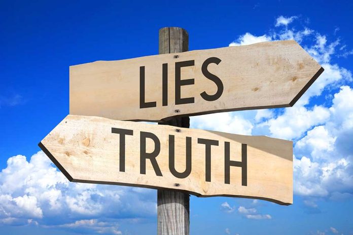 Signs pointing to "Lies" and "Truth" against sky.