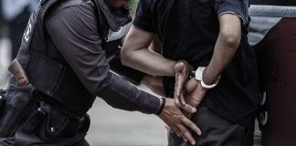 Police officer arresting and handcuffing a person