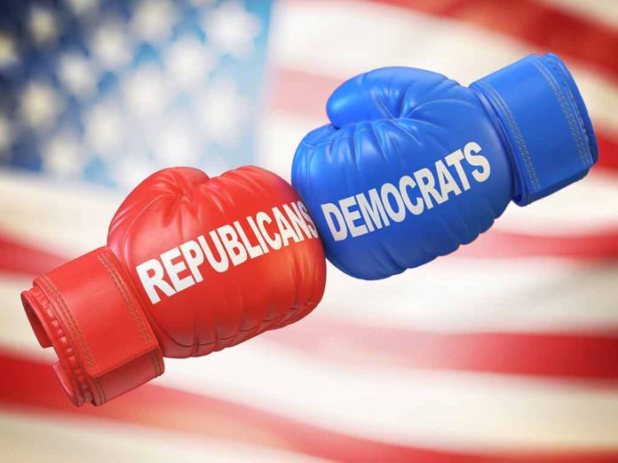 Red and blue gloves with flag background