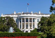 White House with American flag and garden