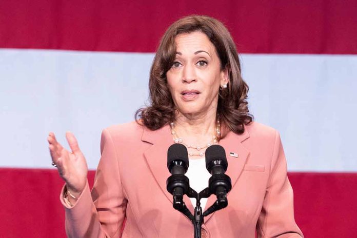 Woman speaks at podium with red and white background.