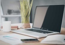 Laptop on desk with plant and coffee mug.