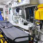 Interior of an ambulance with medical equipment.