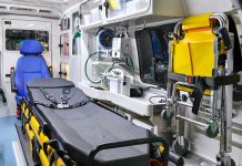 Interior of an ambulance with medical equipment.
