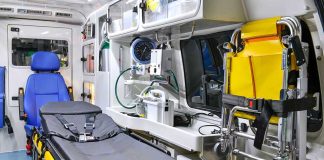 Interior of an ambulance with medical equipment.