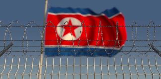 Barbed wire fence with North Korean flag behind