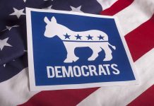 Democrats logo with donkey on American flag background