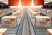 Boxes labeled Made in China on conveyor belt