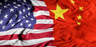 United States flag merged with China flag