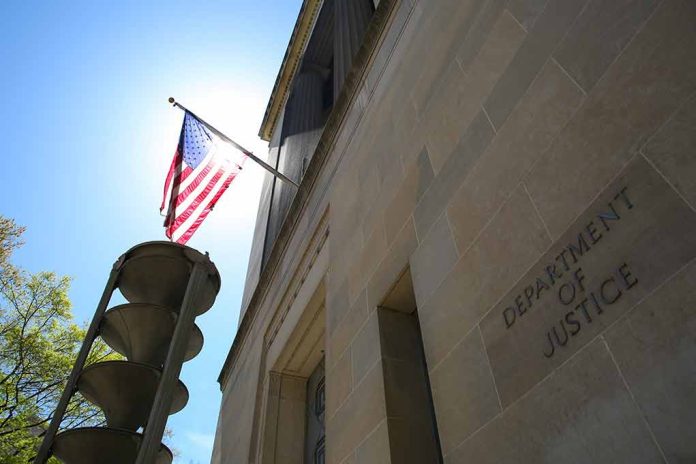 2152403209 featured image American flag at Department of Justice building exterior