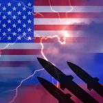 U S and Russian flags with missiles and lightning