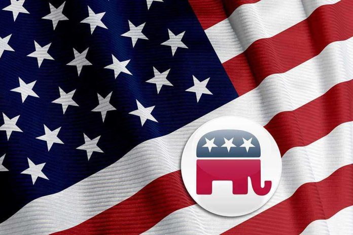 10885669 American flag with Republican elephant symbol