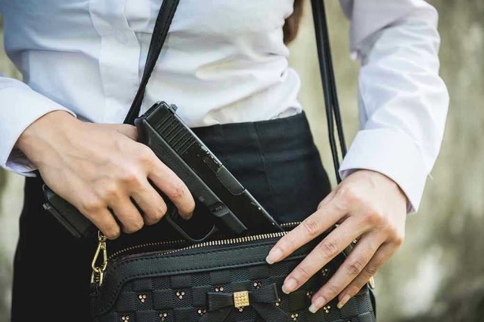1833767482 Person placing gun into a handbag