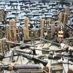 Room filled with various firearms and ammunition belts