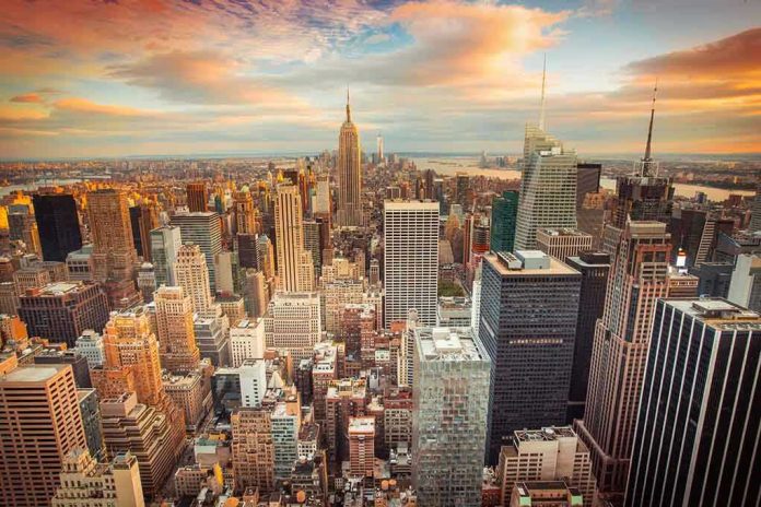 199319276 New York City skyline at sunset with tall buildings