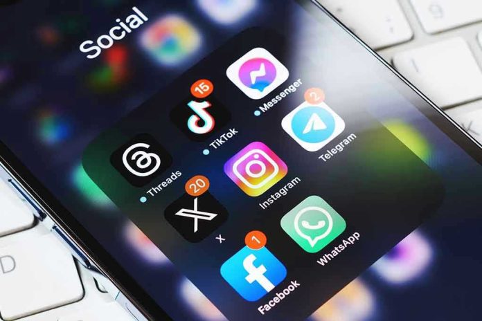 2339442245 Smartphone showing social media app icons in a folder