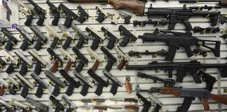 Wall display with handguns and rifles for sale