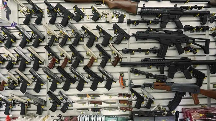 Wall display with handguns and rifles for sale