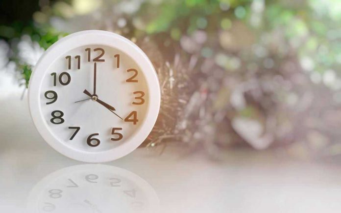 686079847 White analog clock with blurred green background