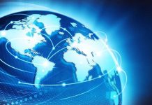Illustration of a globe with digital connections and blue lighting