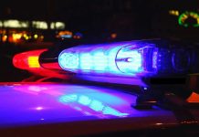 Police car lights flashing red and blue.