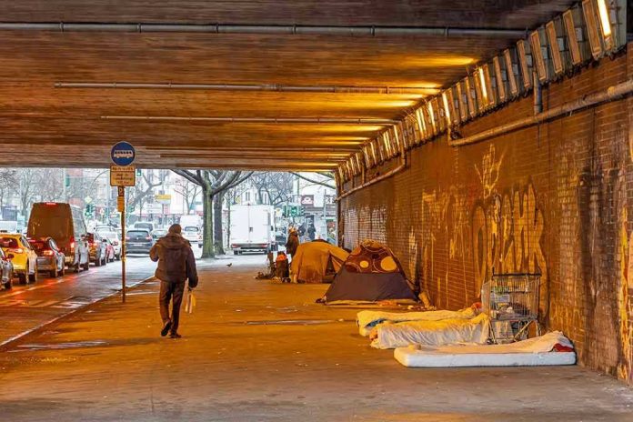 2423598655 People walk under a bridge with homeless encampment.