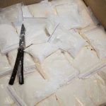 Drug Ring Crushed: High-Tech Operation Success! Bags of white powder with scissors in cardboard box.
