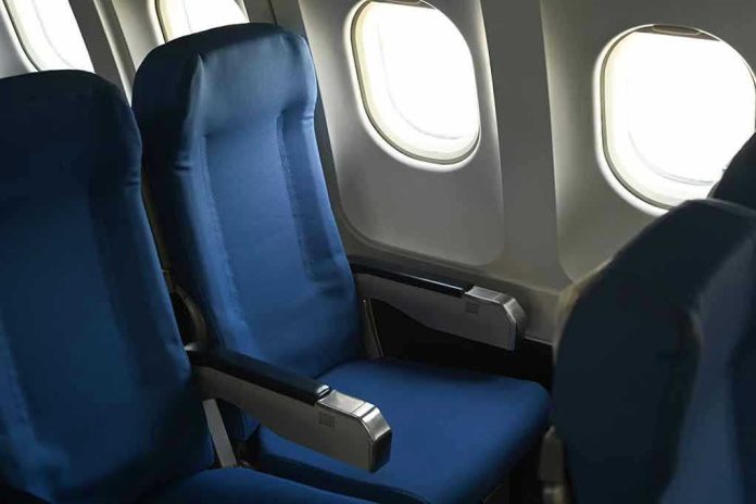 2254957989 Empty airplane seats next to windows.
