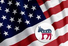 American flag with a Democratic Party donkey symbol