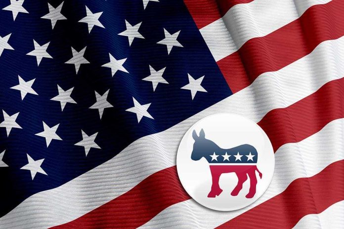 shutterstock_10885666.jpg American flag with a Democratic Party donkey symbol