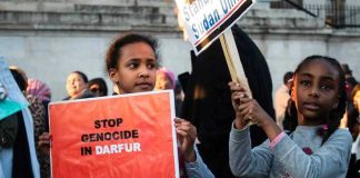 Children holding signs at a protest against Darfur genocide.